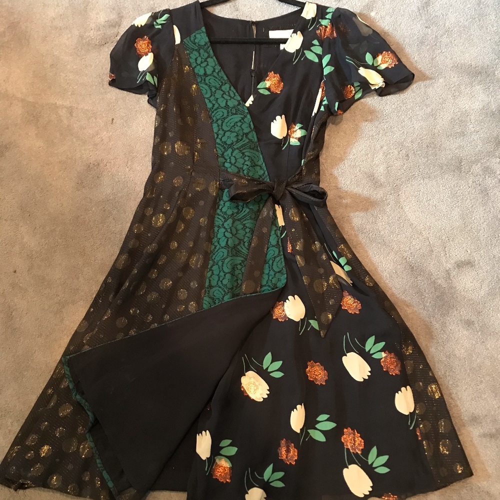 Floral Mixed-Panel Wrap Dress in Black and Green